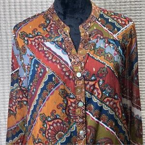 Fig and Flower Anthropologie Earthtones‎ Patchwork Semi-Sheer Tunic Blouse Large
